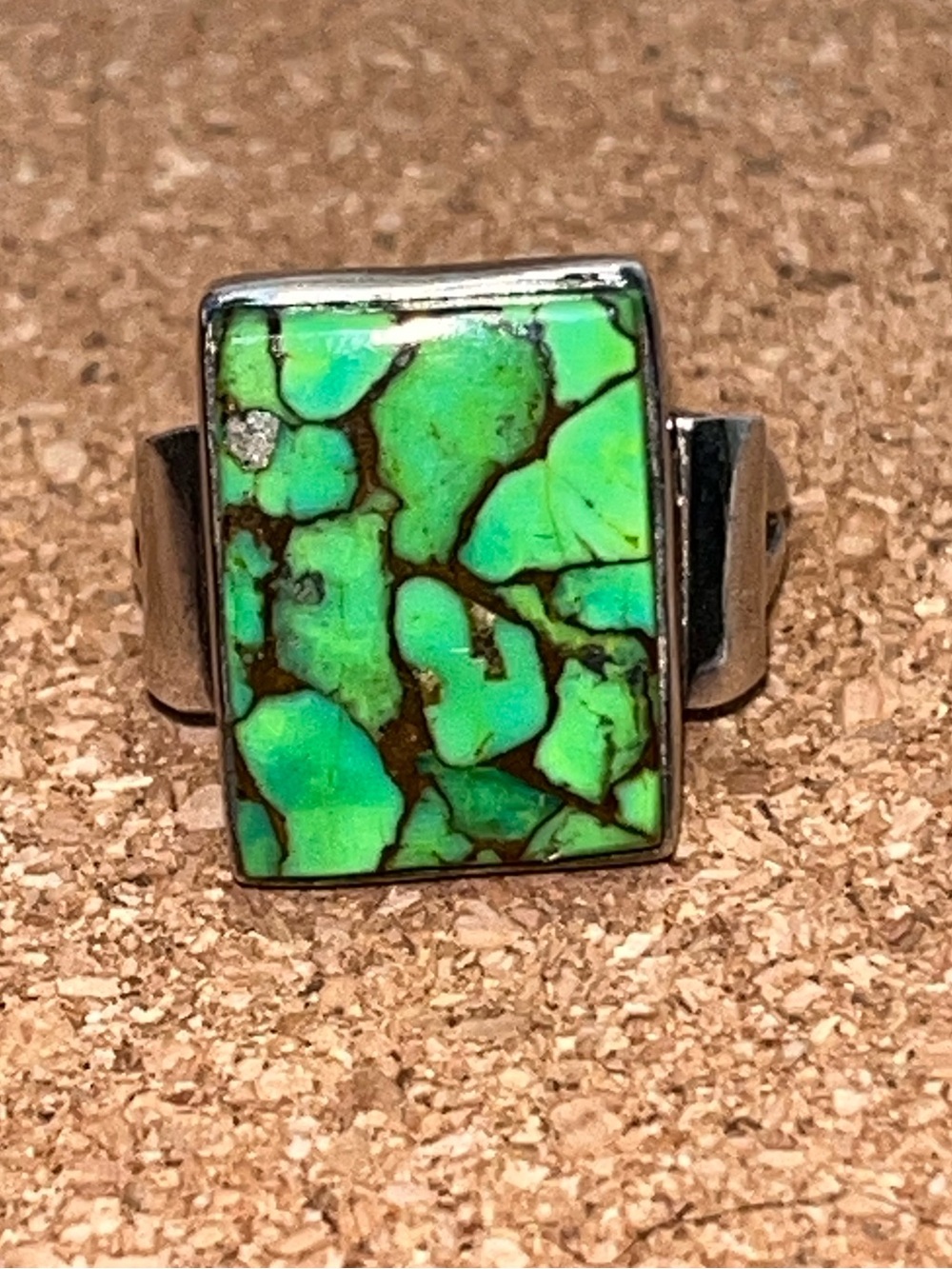 Vintage 925 Sterling Silver Lime Green Turquoise Rectangle Statement Ring 7